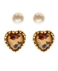 Refinement meets rock n' roll. Betsey Johnson combines the best of both worlds with this stylish set of simulated pearl and leopard-print heart shaped stud earrings. Crafted in gold tone mixed metal, they come with a gift box. Approximate diameter: 1/4 inch (imitation pearl studs), 1/2 inch (heart studs). Refinement meets rock n' roll. Betsey Johnson combines the best of both worlds with this stylish set of simulated pearl and leopard-print heart shaped stud earrings. Crafted in gold tone mixed metal, they come with a gift box. Approximate diameter: 1/4 inch (imitation pearl studs), 1/2 inch (heart studs).