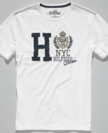 This t-shirt from Tommy Hilfiger is full of timeless campus style. This t-shirt from Tommy Hilfiger is full of timeless campus style.