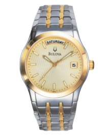Lighten up. This striking timepiece has two tones, a sunny gold and a shining silver, to complement your look no matter where you go. With a stainless steel bracelet and case, goldtone steel bezel and textured dial, 3-hand movement, and day/date windows. Water resistant to 30 meters. Three-year limited warranty.