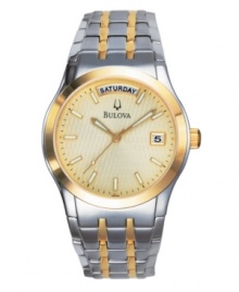 Lighten up. This striking timepiece has two tones, a sunny gold and a shining silver, to complement your look no matter where you go. With a stainless steel bracelet and case, goldtone steel bezel and textured dial, 3-hand movement, and day/date windows. Water resistant to 30 meters. Three-year limited warranty. Lighten up. This striking timepiece has two tones, a sunny gold and a shining silver, to complement your look no matter where you go. With a stainless steel bracelet and case, goldtone steel bezel and textured dial, 3-hand movement, and day/date windows. Water resistant to 30 meters. Three-year limited warranty.