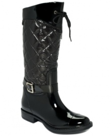 The quilted upper and lace-up accent at the top of the shaft allow Khombu's Shelby boots to maintain their charm all while being completely waterproof and shiny. The quilted upper and lace-up accent at the top of the shaft allow Khombu's Shelby boots to maintain their charm all while being completely waterproof and shiny.