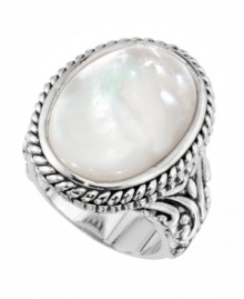 Capture free-spirited style with this chic cocktail ring. Crafted by City by City, ring features an oval-shaped mother of pearl center stone surrounded by an intricate rope edging and detailed band. Crafted in silver tone mixed metal. Size 7 and 8. Capture free-spirited style with this chic cocktail ring. Crafted by City by City, ring features an oval-shaped mother of pearl center stone surrounded by an intricate rope edging and detailed band. Crafted in silver tone mixed metal. Size 7 and 8.
