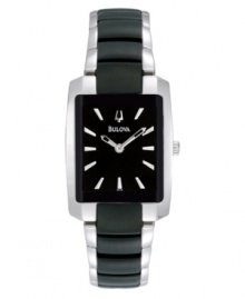 The darker side of classic. Push the envelope with this watch by Bulova. Stainless steel bracelet with black-plated center links and rectangular case with black-plated bezel. Black dial features applied silver tone stick indices, two hands and logo. Quartz movement. Water resistant to 30 meters. Three-year limited warranty. The darker side of classic. Push the envelope with this watch by Bulova. Stainless steel bracelet with black-plated center links and rectangular case with black-plated bezel. Black dial features applied silver tone stick indices, two hands and logo. Quartz movement. Water resistant to 30 meters. Three-year limited warranty.