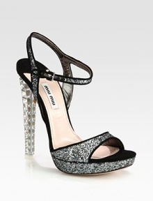 Glitter and suede style with an adjustable ankle strap. Glitter heel, 4 (100mm)Glitter and suede upperLeather and suede liningLeather solePadded insoleMade in Italy Glitter and suede style with an adjustable ankle strap. Glitter heel, 4 (100mm)Glitter and suede upperLeather and suede liningLeather solePadded insoleMade in Italy
