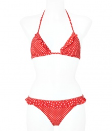 Look poolside pretty in this polka dot bikini from Juicy Couture - Classic triangle top with ruffle detail, dual back tie detail, classic bottoms with ruffle-detailed waist - Pair with a sheer caftan, wedge sandals, a floppy sunhat Look poolside pretty in this polka dot bikini from Juicy Couture - Classic triangle top with ruffle detail, dual back tie detail, classic bottoms with ruffle-detailed waist - Pair with a sheer caftan, wedge sandals, a floppy sunhat