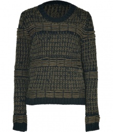 Chunky, hand-knit sweater in military green and black is cozy and stylish - Designed in wool and alpaca for optimum warmth and softness - Round neck, long slim sleeves and moderately-fitted silhouette - Trim at neck, hem and sleeves - Pair with boyfriend jeans and flats, or with corduroys and boots Chunky, hand-knit sweater in military green and black is cozy and stylish - Designed in wool and alpaca for optimum warmth and softness - Round neck, long slim sleeves and moderately-fitted silhouette - Trim at neck, hem and sleeves - Pair with boyfriend jeans and flats, or with corduroys and boots
