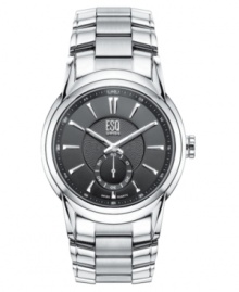Subtle textures and contrasting brushed and polished stainless steel add understated style to this fine watch from ESQ by Movado. Silvertone stainless steel bracelet and round case. Round textured black dial with subdial, logo and stick indices. Quartz movement. Water resistant to 30 meters. Two-year limited warranty. Style #7301327 Subtle textures and contrasting brushed and polished stainless steel add understated style to this fine watch from ESQ by Movado. Silvertone stainless steel bracelet and round case. Round textured black dial with subdial, logo and stick indices. Quartz movement. Water resistant to 30 meters. Two-year limited warranty. Style #7301327