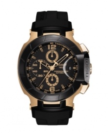 Inspired by the world of moto-racing, the T-Race watch by Tissot blends gold-winning details with speedy precision. Crafted of black rubber strap and round rose-gold PVD stainless steel case. Black chronograph dial features tachymeter scale, minute track, date window at three o'clock, three hands, numerals at six and twelve o'clock, three subdials and logo. Swiss automatic movement. Water resistant to 100 meters. Two-year limited warranty. Inspired by the world of moto-racing, the T-Race watch by Tissot blends gold-winning details with speedy precision. Crafted of black rubber strap and round rose-gold PVD stainless steel case. Black chronograph dial features tachymeter scale, minute track, date window at three o'clock, three hands, numerals at six and twelve o'clock, three subdials and logo. Swiss automatic movement. Water resistant to 100 meters. Two-year limited warranty.