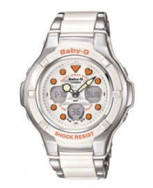 Keep your cool...with a twist. Bright orange heats up this analog-digital watch by Baby-G. Stainless steel and white resin bracelet and and round stainless steel case with white resin bezel featuring orange logo. White analog and digital display dial features orange indices, three sparkling subdials, shock resistance, LED light, world time, five daily alarms, stopwatch, countdown timer, edit mode and 12/24-hour formats. Quartz movement. Water resistant to 100 meters. One-year limited warranty. Keep your cool...with a twist. Bright orange heats up this analog-digital watch by Baby-G. Stainless steel and white resin bracelet and and round stainless steel case with white resin bezel featuring orange logo. White analog and digital display dial features orange indices, three sparkling subdials, shock resistance, LED light, world time, five daily alarms, stopwatch, countdown timer, edit mode and 12/24-hour formats. Quartz movement. Water resistant to 100 meters. One-year limited warranty.