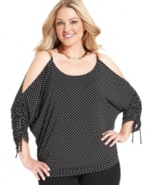 Sass up your look with MICHAEL Michael Kors' polka-dot plus size top, featuring cutouts and chain detail. Sass up your look with MICHAEL Michael Kors' polka-dot plus size top, featuring cutouts and chain detail.