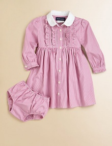 Classically preppy striped poplin with a touch of ruffles makes for a perfect dress for any occasion.Embroidered club collarLong puffed sleevesButton-frontGathered empire waistFull skirtCottonMachine washImported Please note: Number of buttons may vary depending on size ordered. Classically preppy striped poplin with a touch of ruffles makes for a perfect dress for any occasion.Embroidered club collarLong puffed sleevesButton-frontGathered empire waistFull skirtCottonMachine washImported Please note: Number of buttons may vary depending on size ordered.