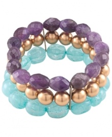 Infuse your look with the perfect combination of color and sophistication. Carolee's elegant three-row bracelet combines amethyst beads (4-1/2 ct. t.w.), burnished gold glass pearls and turquoise-hued glass stones in a gold-plated mixed metal setting. Bracelet stretches to fit wrist. Approximate diameter: 3-1/4 inches. Infuse your look with the perfect combination of color and sophistication. Carolee's elegant three-row bracelet combines amethyst beads (4-1/2 ct. t.w.), burnished gold glass pearls and turquoise-hued glass stones in a gold-plated mixed metal setting. Bracelet stretches to fit wrist. Approximate diameter: 3-1/4 inches.