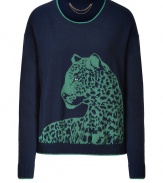 Prowl the urban jungle in chic Juicy Couture style with this green metallic detailed snow leopard pullover - Round neckline, metallic trim, long sleeves, metallic trimmed cuffs, fine ribbed trim - Loosely fitted - Wear with leather leggings and shearling lined boots