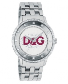A splash of color works perfectly on a gorgeous crystal-embellished watch by D&G. Stainless steel case and link bracelet. Sparkling crystal-accented bezel and silvertone dial with red crystal-studded logo. Three-hand, quartz movement. Water resistant to 30 meters. A splash of color works perfectly on a gorgeous crystal-embellished watch by D&G. Stainless steel case and link bracelet. Sparkling crystal-accented bezel and silvertone dial with red crystal-studded logo. Three-hand, quartz movement. Water resistant to 30 meters.