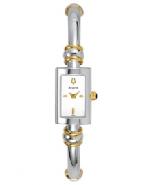 Refined beauty that will go everywhere with you. This gorgeous Bulova watch features a goldtone & silvertone stainless steel bracelet and rectangular case. White dial with logo and goldtone stick indices. Quartz movement. Moisture resistant. Three-year warranty. Refined beauty that will go everywhere with you. This gorgeous Bulova watch features a goldtone & silvertone stainless steel bracelet and rectangular case. White dial with logo and goldtone stick indices. Quartz movement. Moisture resistant. Three-year warranty.