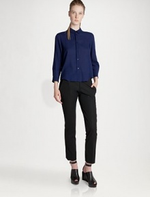 A refined point collar and subtly cropped sleeves lend a feminine air to this menswear-inspired style.Point collarButton frontThree-quarter sleevesButton cuffsInverted back pleatWoolDry cleanMade in Italy of imported fabricModel shown is 5'10 (177cm) wearing US size 4. A refined point collar and subtly cropped sleeves lend a feminine air to this menswear-inspired style.Point collarButton frontThree-quarter sleevesButton cuffsInverted back pleatWoolDry cleanMade in Italy of imported fabricModel shown is 5'10 (177cm) wearing US size 4.