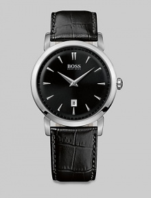 Tradition returns with this stainless steel quartz timepiece, in an ultra-slim case that is 9mm thick. A croc-embossed leather strap with pin buckle ensures comfort while the sophisticated Dauphine hands ensure this watch will never go out of style.Quartz movementRound bezelWater resistant to 3ATMDate display at 6 o'clockSecond handStainless steel case: 40mm (1.57)Leather strap braceletImported Tradition returns with this stainless steel quartz timepiece, in an ultra-slim case that is 9mm thick. A croc-embossed leather strap with pin buckle ensures comfort while the sophisticated Dauphine hands ensure this watch will never go out of style.Quartz movementRound bezelWater resistant to 3ATMDate display at 6 o'clockSecond handStainless steel case: 40mm (1.57)Leather strap braceletImported