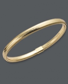 Layer it up for a fresh, new look! This unique bangle bracelet features a gold tone silicone setting with a 14k gold joint clasp. Approximate diameter: 2-1/2 inches. Layer it up for a fresh, new look! This unique bangle bracelet features a gold tone silicone setting with a 14k gold joint clasp. Approximate diameter: 2-1/2 inches.