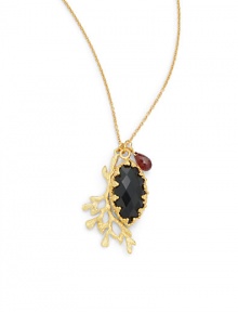 THE LOOKOnyx pendant with textured prong settingCurved branch detailGarnet accent 18k yellow goldplated brassHook claspTHE MEASUREMENTPendant length, about 1.5Length, about 18ORIGINMade in USA THE LOOKOnyx pendant with textured prong settingCurved branch detailGarnet accent 18k yellow goldplated brassHook claspTHE MEASUREMENTPendant length, about 1.5Length, about 18ORIGINMade in USA