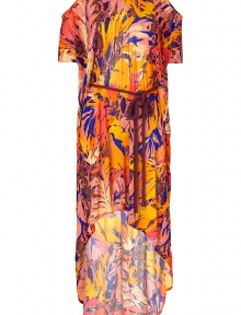 Luxurious and dramatic dress in fine patterned viscose - Designed by the fashion darling Matthew Williamson, know for his spectacular prints - Features a stylish floral pattern in bright orange and indigo - Draped casually with a round neckline, feminine waist belt and sexy, cut-out short sleeves and back - Skirt is floor-length at back and short at front - Chic, modern and glamorous, looks great with peep toe heels when dressed up, or on holiday with metallic flat sandals Luxurious and dramatic dress in fine patterned viscose - Designed by the fashion darling Matthew Williamson, know for his spectacular prints - Features a stylish floral pattern in bright orange and indigo - Draped casually with a round neckline, feminine waist belt and sexy, cut-out short sleeves and back - Skirt is floor-length at back and short at front - Chic, modern and glamorous, looks great with peep toe heels when dressed up, or on holiday with metallic flat sandals
