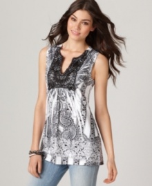 So cute, so fresh: One World updates a babydoll silhouette tank with a crochet bib and a smattering of studs! So cute, so fresh: One World updates a babydoll silhouette tank with a crochet bib and a smattering of studs!