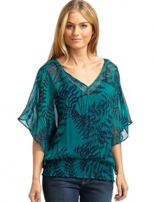 THE LOOKBold fossil print on sheer chiffonV-neckKimono sleevesSmocked waistbandIncludes solid camisoleTHE FITAbout 24 from shoulder to hemTHE MATERIALPolyesterContrast: rayon/spandexCARE & ORIGINDry cleanMade in USAModel shown is 5'8 (172½cm) wearing US size Small. THE LOOKBold fossil print on sheer chiffonV-neckKimono sleevesSmocked waistbandIncludes solid camisoleTHE FITAbout 24 from shoulder to hemTHE MATERIALPolyesterContrast: rayon/spandexCARE & ORIGINDry cleanMade in USAModel shown is 5'8 (172½cm) wearing US size Small.