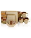 The shape of what's to come, Sango's Elements Brown dinnerware set pairs modern rectangular plates with round bowls and mugs. A geometric design with reactive glaze gives each place setting its distinct style.