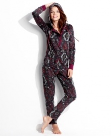 Warm and snuggly from head to toe. Kensie's hooded jumpsuit features contrasting cuffs and placket with a snap closure. Warm and snuggly from head to toe. Kensie's hooded jumpsuit features contrasting cuffs and placket with a snap closure.