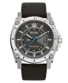 The ultimate sport watch for a man with a schedule. High-strength and lightweight Kevlar® combines with accuracy to ten seconds a year in this Bulova watch. Round titanium case and black Kevlar® strap. Lugs and cut-out markers at bezel. Carbon dial with applied index features luminous hour and minute hands, blue continuously sweeping second hand, date window at three o'clock, silvertone stick indices and logo. Quartz movement. Water resistant to 300 meters. Three-year limited warranty. The ultimate sport watch for a man with a schedule. High-strength and lightweight Kevlar® combines with accuracy to ten seconds a year in this Bulova watch. Round titanium case and black Kevlar® strap. Lugs and cut-out markers at bezel. Carbon dial with applied index features luminous hour and minute hands, blue continuously sweeping second hand, date window at three o'clock, silvertone stick indices and logo. Quartz movement. Water resistant to 300 meters. Three-year limited warranty.