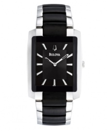 The darker side of classic. Push the envelope with this watch by Bulova. Stainless steel bracelet with black-plated center links and rectangular case with black-plated bezel. Black dial features applied silver tone stick indices, two hands and logo. Quartz movement. Water resistant to 30 meters. Three-year limited warranty. The darker side of classic. Push the envelope with this watch by Bulova. Stainless steel bracelet with black-plated center links and rectangular case with black-plated bezel. Black dial features applied silver tone stick indices, two hands and logo. Quartz movement. Water resistant to 30 meters. Three-year limited warranty.