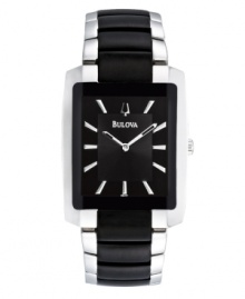 The darker side of classic. Push the envelope with this watch by Bulova. Stainless steel bracelet with black-plated center links and rectangular case with black-plated bezel. Black dial features applied silver tone stick indices, two hands and logo. Quartz movement. Water resistant to 30 meters. Three-year limited warranty.