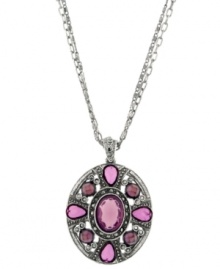 Vibrant in violet. A rich purple hue sets apart this oval-shaped pendant necklace from Monet. Combining vintage inspiration with ornate design, it's a striking style that will stand out in your jewelry collection. Set in silver tone mixed metal with acrylic accents. Approximate length: 32 inches. Approximate drop: 1-1/2 inches. Vibrant in violet. A rich purple hue sets apart this oval-shaped pendant necklace from Monet. Combining vintage inspiration with ornate design, it's a striking style that will stand out in your jewelry collection. Set in silver tone mixed metal with acrylic accents. Approximate length: 32 inches. Approximate drop: 1-1/2 inches.