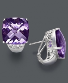 Add regal polish with a pair of stunning stud earrings. Cushion-cut amethyst (19-1/3 ct. t.w.) and sparkling diamond accents combine to create an exquisite look. Set in sterling silver. Approximate diameter: 3/4 inch. Add regal polish with a pair of stunning stud earrings. Cushion-cut amethyst (19-1/3 ct. t.w.) and sparkling diamond accents combine to create an exquisite look. Set in sterling silver. Approximate diameter: 3/4 inch.