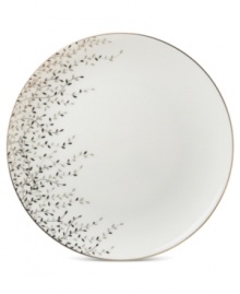 Fringed with shimmering leaves of platinum and mica, this bone china accent plate turns your table into a springtime utopia. Its sleek coupe shape is a vision of modern elegance in platinum-banded white.