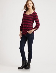 Lengthy, whisper-light scoopneck with allover rugby stripes and a single patch pocket on the chest. ScoopneckSingle patch pocket on chestLong roll-tab sleevesLonger length hits below the hips25% polyester/25% micro modal/25% supima cotton/19% cotton/6% rayonMachine washMade in USA Lengthy, whisper-light scoopneck with allover rugby stripes and a single patch pocket on the chest. ScoopneckSingle patch pocket on chestLong roll-tab sleevesLonger length hits below the hips25% polyester/25% micro modal/25% supima cotton/19% cotton/6% rayonMachine washMade in USA