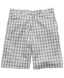 Check yourself. These plaid shorts from Alfani give any warm-weather look a shot of urban cool. Check yourself. These plaid shorts from Alfani give any warm-weather look a shot of urban cool.