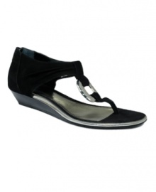 Keep your glamorous style grounded with the smart and sassy Tera sandals by Alfani. A bold metal link at the vamp pairs perfectly with the low demi-wedge heel. Keep your glamorous style grounded with the smart and sassy Tera sandals by Alfani. A bold metal link at the vamp pairs perfectly with the low demi-wedge heel.