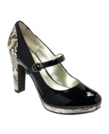 Snake print on the platform and heel of the Britney Mary Jane pumps by Alfani give these cute shoes an added dose of texture and intrigue. Snake print on the platform and heel of the Britney Mary Jane pumps by Alfani give these cute shoes an added dose of texture and intrigue.
