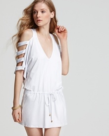 Play peek-a-boo with this v neck cover up from PilyQ. With a drop waist and dramatic detailing, this dress shows just enough skin to get you noticed. Play peek-a-boo with this v neck cover up from PilyQ. With a drop waist and dramatic detailing, this dress shows just enough skin to get you noticed.