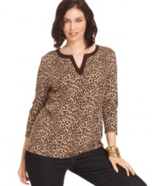 Capture the timeless elegance of safari style with Charter Club's three-quarter-sleeve plus size top, featuring a leopard print-- it's an Everyday Value!