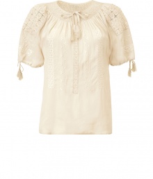 Raise the bar on contemporary classics with Closeds boho-chic beige tunic top - In a soft, semi-sheer summer viscose - On trend, allover embroidery and decorative tie embellishments - Short puffed sleeves and gathered keyhole tie neck - Relaxed, billowy silhouette - Casually cool, perfect for pairing with shorts, skinny denim and slim, cropped trousers Raise the bar on contemporary classics with Closeds boho-chic beige tunic top - In a soft, semi-sheer summer viscose - On trend, allover embroidery and decorative tie embellishments - Short puffed sleeves and gathered keyhole tie neck - Relaxed, billowy silhouette - Casually cool, perfect for pairing with shorts, skinny denim and slim, cropped trousers