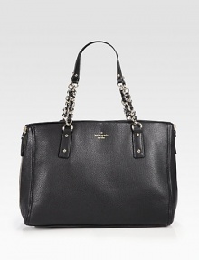 Rich pebble-grain leather in a roomy carryall, topped with woven chain and leather straps.Shoulder straps, 8½ dropTop snap closureExpandable zip gussetsProtective metal feetOne inside zip pocketTwo inside open pocketsCotton lining19½W X 11H X 4¼DImported Rich pebble-grain leather in a roomy carryall, topped with woven chain and leather straps.Shoulder straps, 8½ dropTop snap closureExpandable zip gussetsProtective metal feetOne inside zip pocketTwo inside open pocketsCotton lining19½W X 11H X 4¼DImported