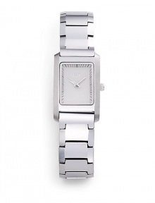 THE LOOKRectangular tungsten case, 20mm (.75) X 25mm (1)Smooth bezelWhite dialBar hour and minute markersSecond handTungsten link braceletWater resistant to 5 ATMTHE MATERIALTungstenORIGINImported THE LOOKRectangular tungsten case, 20mm (.75) X 25mm (1)Smooth bezelWhite dialBar hour and minute markersSecond handTungsten link braceletWater resistant to 5 ATMTHE MATERIALTungstenORIGINImported