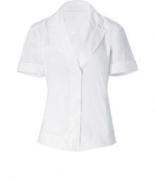 The classic white shirt gets a stylish kick from Donna Karan - Spread collar, concealed front button placket, short rolled sleeves, flattering tailored fit - Pair with a figure-hugging pencil skirt or cropped trousers, platform pumps, and a blazer The classic white shirt gets a stylish kick from Donna Karan - Spread collar, concealed front button placket, short rolled sleeves, flattering tailored fit - Pair with a figure-hugging pencil skirt or cropped trousers, platform pumps, and a blazer
