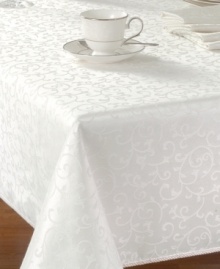 An evening of at-home fine dining is yours with Lenox's Opal Innocence tablecloth. The pattern's trademark white-on-white vine motif shimmers via contrasting luster. A corded rib on the edges lends interest. An evening of at-home fine dining is yours with Lenox's Opal Innocence tablecloth. The pattern's trademark white-on-white vine motif shimmers via contrasting luster. A corded rib on the edges lends interest.