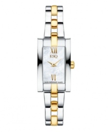 Golden touches add elegance to this versatile Linque watch by ESQ by Movado. Two-tone stainless steel bracelet and rectangular case. Mother-of-pearl dial features gold tone Roman numerals at twelve and six o'clock, two hands and logo. Swiss quartz movement. Water resistant to 30 meters. Two-year limited warranty. Golden touches add elegance to this versatile Linque watch by ESQ by Movado. Two-tone stainless steel bracelet and rectangular case. Mother-of-pearl dial features gold tone Roman numerals at twelve and six o'clock, two hands and logo. Swiss quartz movement. Water resistant to 30 meters. Two-year limited warranty.