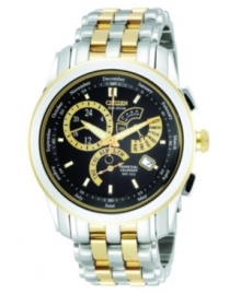 Classic style all year round. This Citizen watch features a goldtone & silvertone stainless steel strap and round case. Black dial with goldtone stick indices, logo, date window, alarm, perpetual calendar and three subdials. Solar-powered movement. Water resistant to 100 meters. Five-year limited warranty. Classic style all year round. This Citizen watch features a goldtone & silvertone stainless steel strap and round case. Black dial with goldtone stick indices, logo, date window, alarm, perpetual calendar and three subdials. Solar-powered movement. Water resistant to 100 meters. Five-year limited warranty.