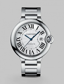 Distinctive stainless steel design with blue hands and large Roman numeral dial. Stainless steel case and bracelet Case, 42mm X 13mm, 1.65 X 0.51 Water ressitant to 30M Date display Second hand Automatic movement Band width, 20mm, 0.79 Made in Switzerland