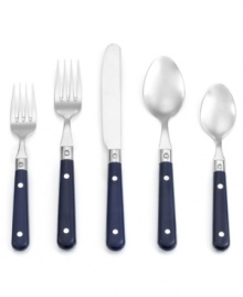 For a riveting meal. The Le Prix flatware set from Ginkgo gives casual tables an added sense of fun with colored handles secured to polished stainless steel.
