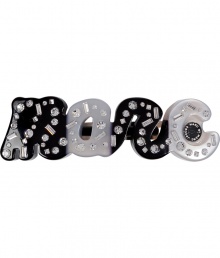 Sweep back your tresses with a punch of glamour with Marc by Marc Jacobs embellished logo barrette - Crystal embellishment, black and pearl lettering - Perfect as a dazzling finishing touch Sweep back your tresses with a punch of glamour with Marc by Marc Jacobs embellished logo barrette - Crystal embellishment, black and pearl lettering - Perfect as a dazzling finishing touch